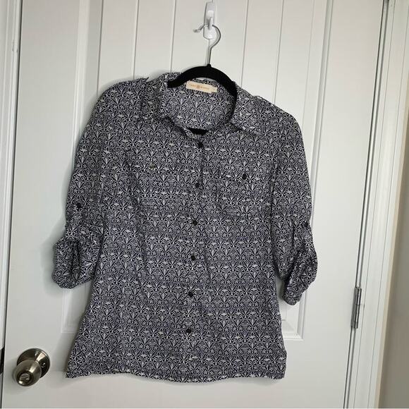 Tory Burch Brigitte paisley floral Button-Down Blouse Carinthia Navy tab sleeves - Picture 2 of 7